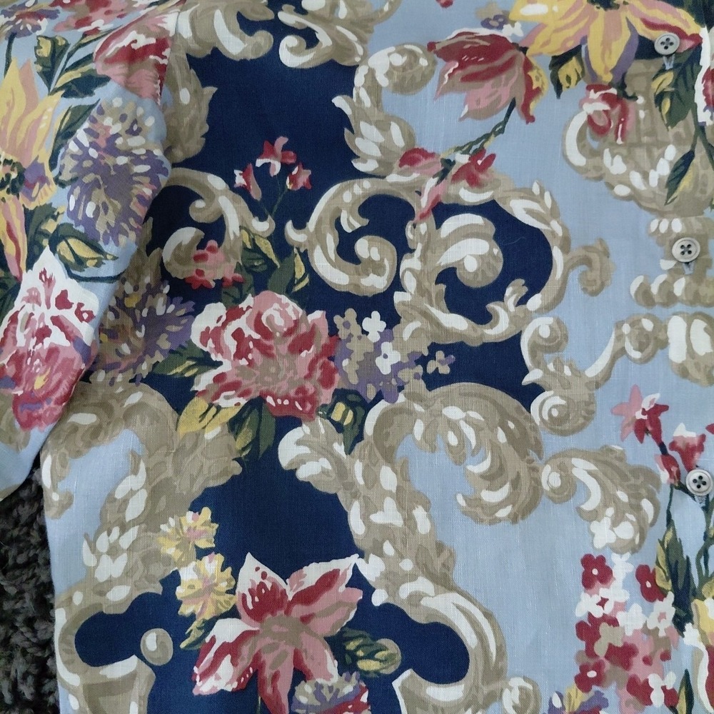 Vintage Classiques Countryside Button Up Blouse Top LARGE 100% Linen Blue Floral - Picture 4 of 12